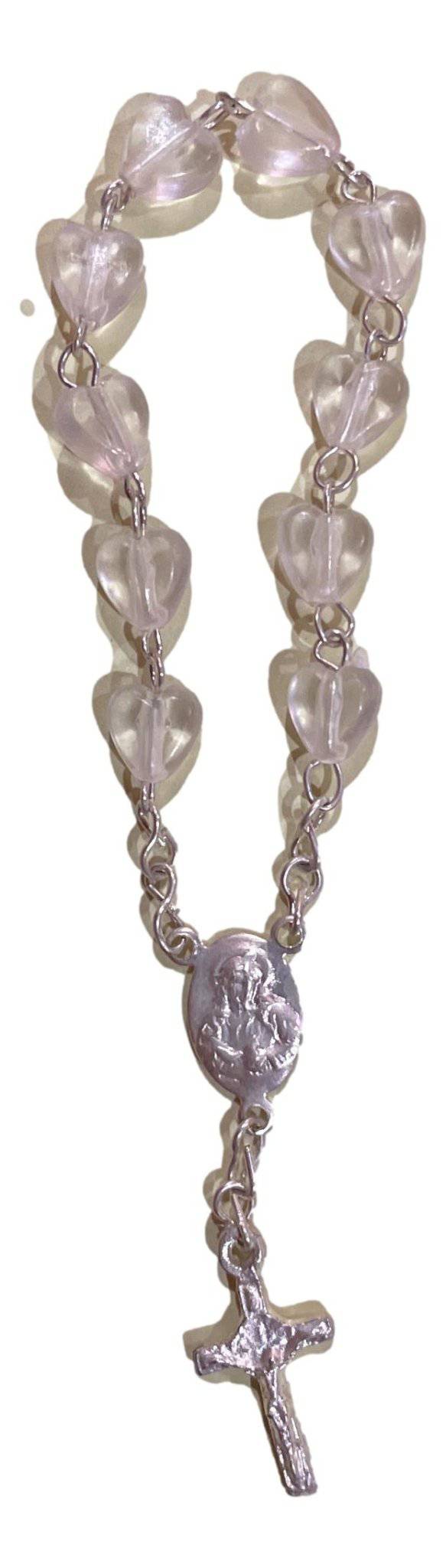 Rosary Mini Clear Heart Acrylic Beads Tin Cross & Medallion 3.5" L - Ysleta Mission Gift Shop- VOTED El Paso's Best Gift Shop