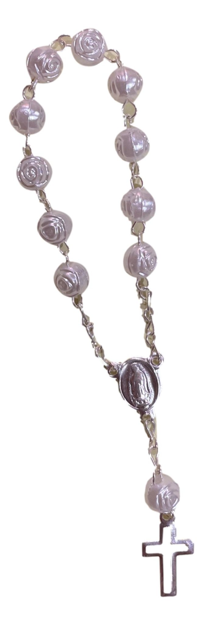 Rosary Mini White Rose Acrylic Beads Silver Accent Tin Cross & Medallion 4" L - Ysleta Mission Gift Shop- VOTED El Paso's Best Gift Shop