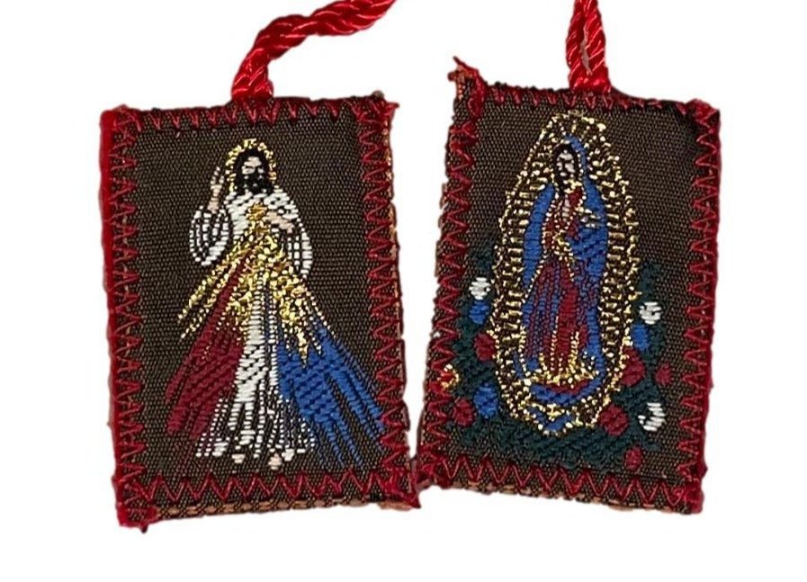 Scapular Devine Mercy & Our Lady of Guadalupe Red Wool Backing Red Nylon Cord 1 x 1.25 inches - Ysleta Mission Gift Shop- VOTED El Paso's Best Gift Shop