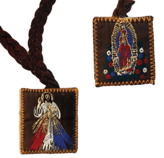 Double-sided religious scapular with Divine Mercy and Our Lady of Guadalupe designs on brown fabric with braided cord