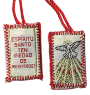 Scapular Espiritu Santo Ten Piedada de Nosotros White Cotton Cloth Red Wool Backing Red Nylon Cord 1 x 1.25 Inches - Ysleta Mission Gift Shop- VOTED El Paso's Best Gift Shop