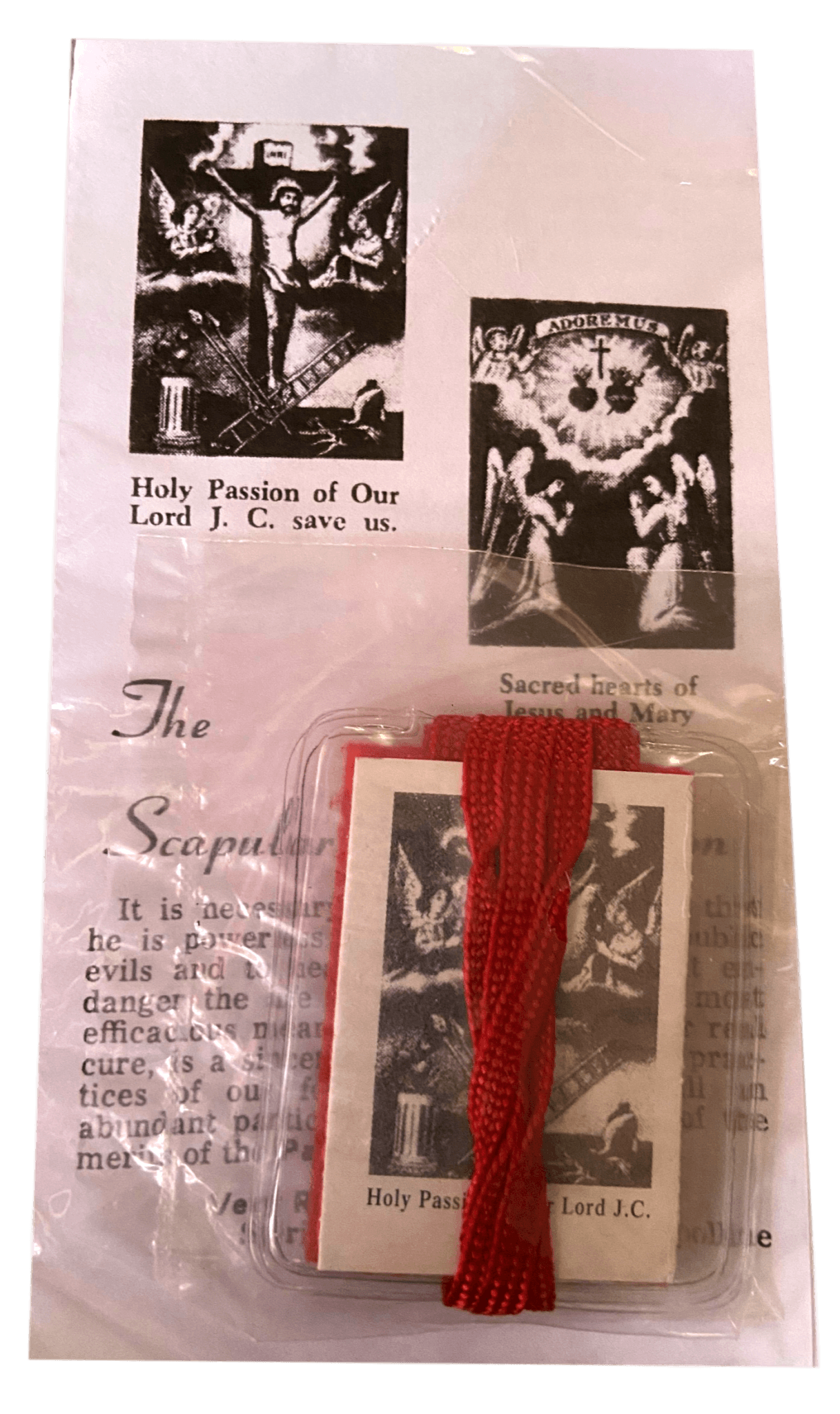 Scapular Holy Passion of Our Lord J.C. Save Us Prayer Pamphlet Included 15.5 inch Red Wool Laminated Red Cord 2 x 2.24 Inches - Ysleta Mission Gift Shop- VOTED El Paso's Best Gift Shop