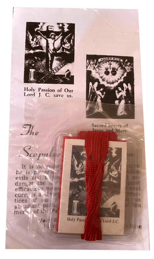 Scapular Holy Passion of Our Lord J.C. Save Us Prayer Pamphlet Included 15.5 inch Red Wool Laminated Red Cord 2 x 2.24 Inches - Ysleta Mission Gift Shop- VOTED El Paso's Best Gift Shop