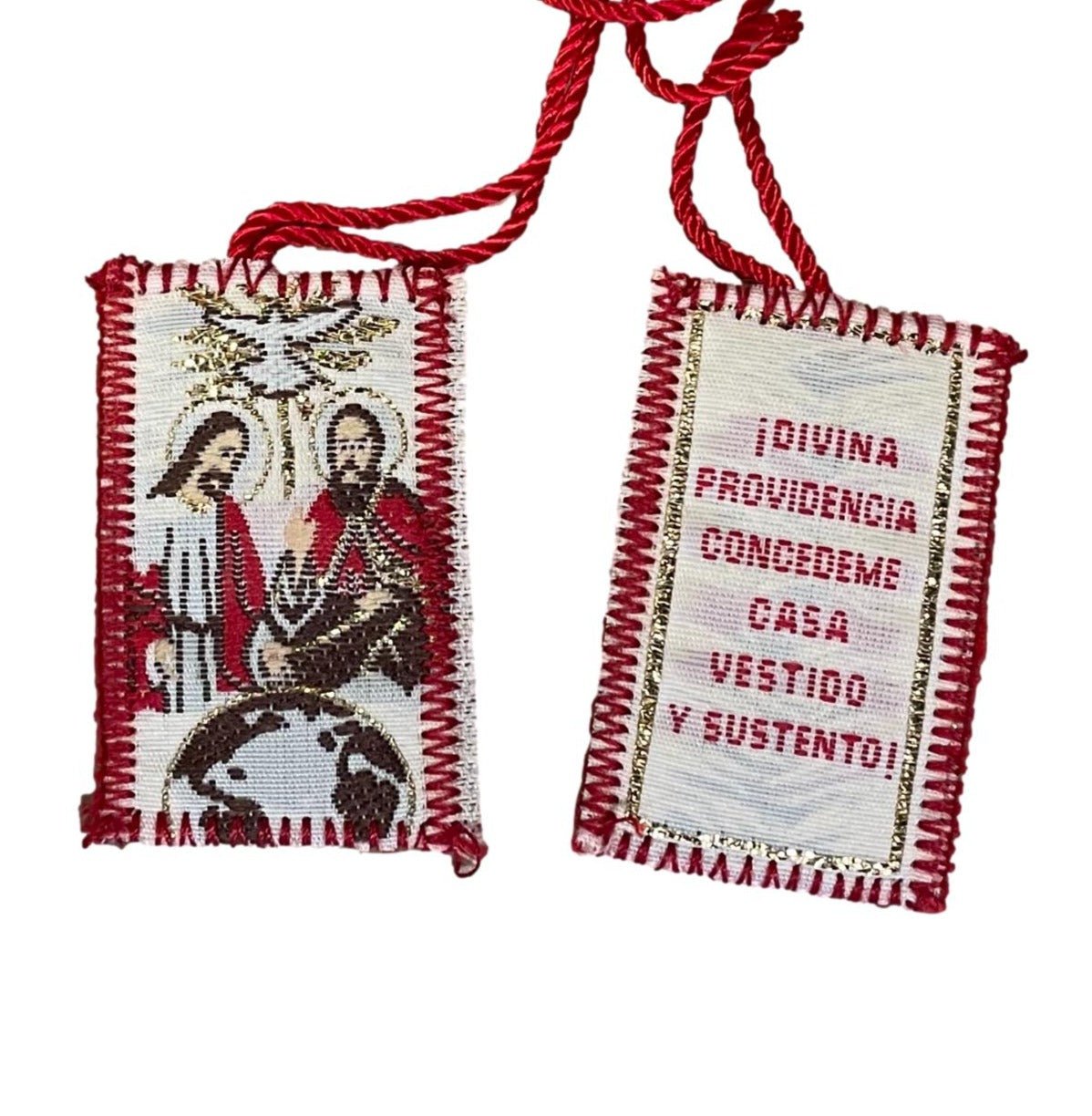 Scapular Holy Trinity & Divina Providencia Concedeme Casa Vestido y Sustento! Red Cord 1 x1.75 - Ysleta Mission Gift Shop- VOTED El Paso's Best Gift Shop