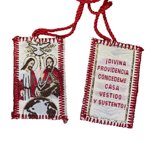 Scapular Holy Trinity & Divina Providencia Concedeme Casa Vestido y Sustento! Red Cord 1 x1.75 - Ysleta Mission Gift Shop- VOTED El Paso's Best Gift Shop