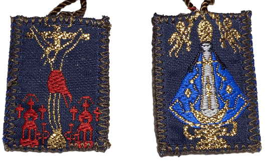 Scapular Jesus Crucified Our Lady of San Juan Brown Nylon Thread 1 1/2 L x 1 W inches - Ysleta Mission Gift Shop- VOTED El Paso's Best Gift Shop
