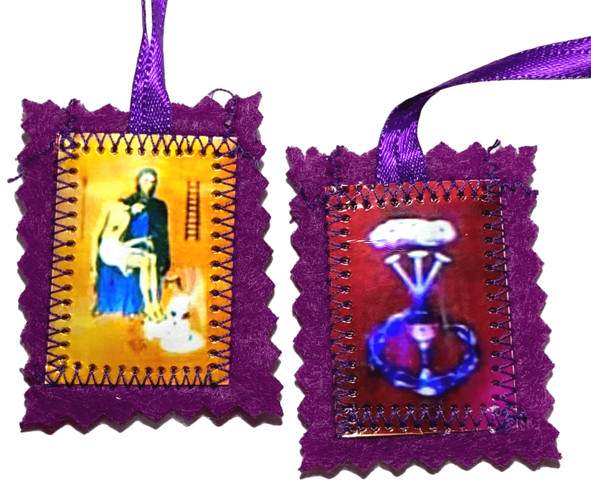 Scapular Marie Julie Jehenny Benediction and Protection Escapulario del Perdon Purple Satin Ribbon 1 3/4 L x 1 1/2 W inches - Ysleta Mission Gift Shop- VOTED El Paso's Best Gift Shop