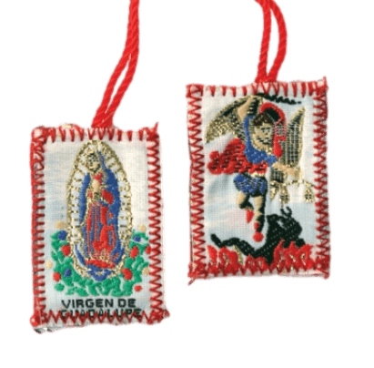 Scapular Our Lady of Guadalupe & Saint Michael White Cotton Red Wool Backing Red Acrylic Cord 1 x .1.25 Inches - Ysleta Mission Gift Shop- VOTED El Paso's Best Gift Shop