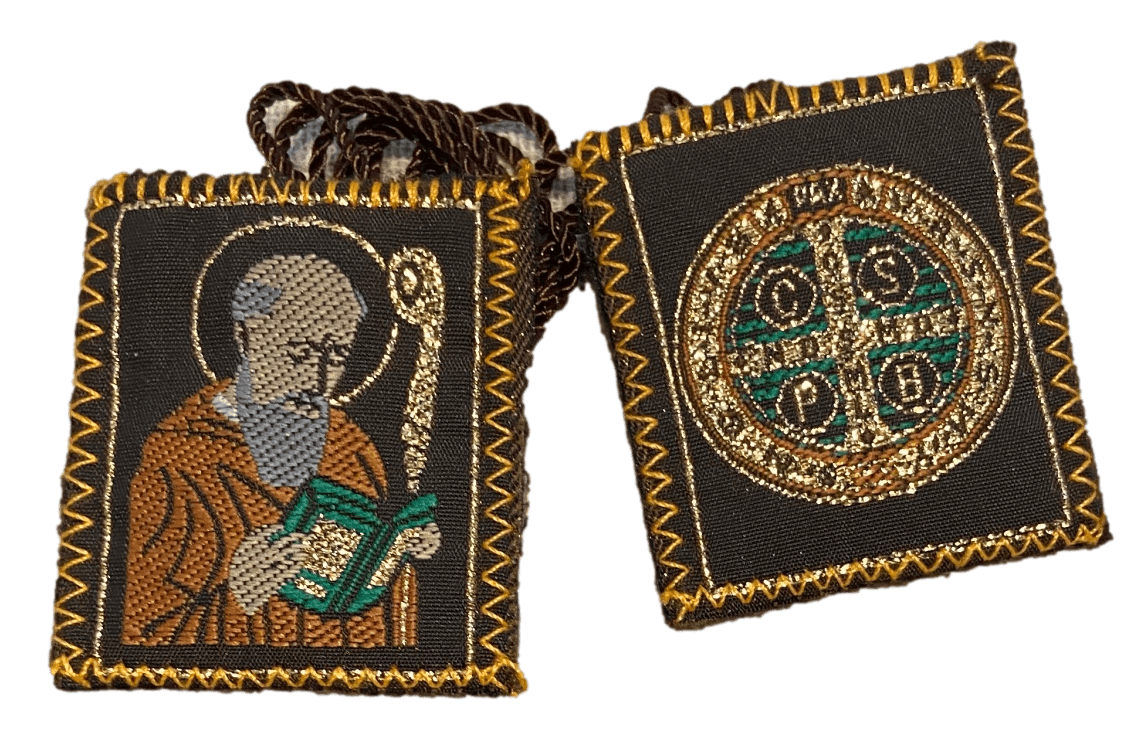 Scapular Saint Benedict & Medal Brown Wool Backing Cord 1.5 x 1.6 inches - Ysleta Mission Gift Shop- VOTED El Paso's Best Gift Shop