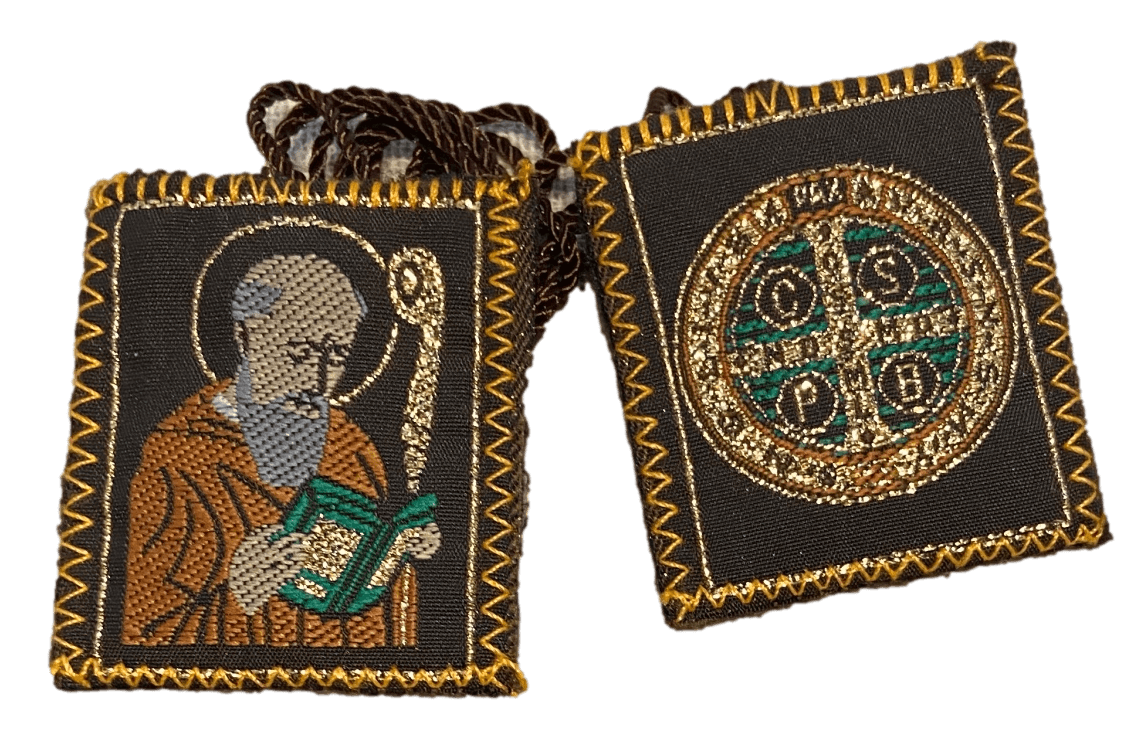 Scapular Saint Benedict & l Brown Wool Backing Cord - Ysleta Mission Gift Shop