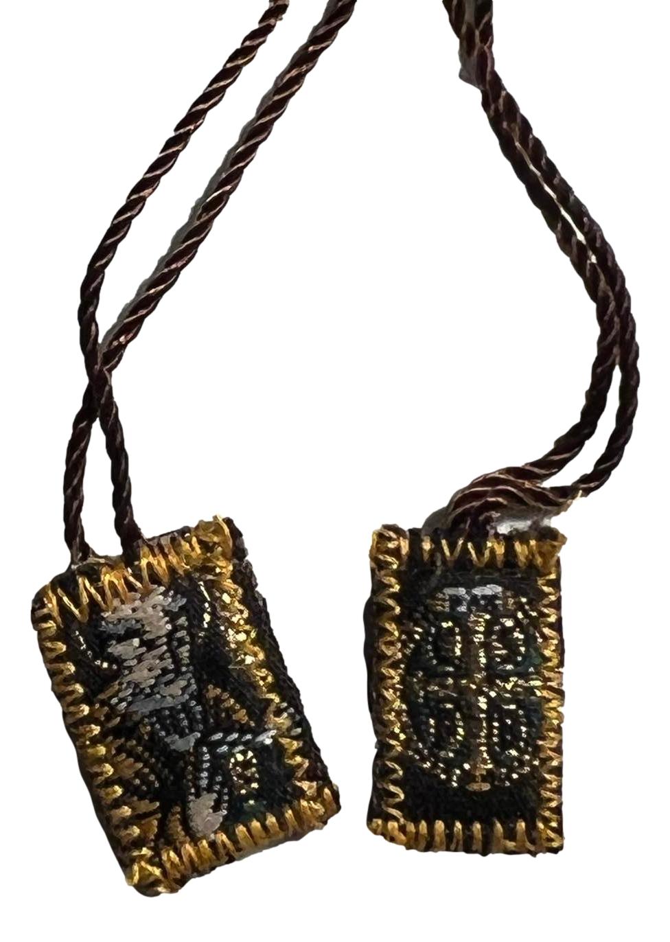 Scapular Saint Benedict & Medal Two Badges Brown Wool Backing Cord 1/2 x 7/8 Inches (Mini) - Ysleta Mission Gift Shop- VOTED El Paso's Best Gift Shop