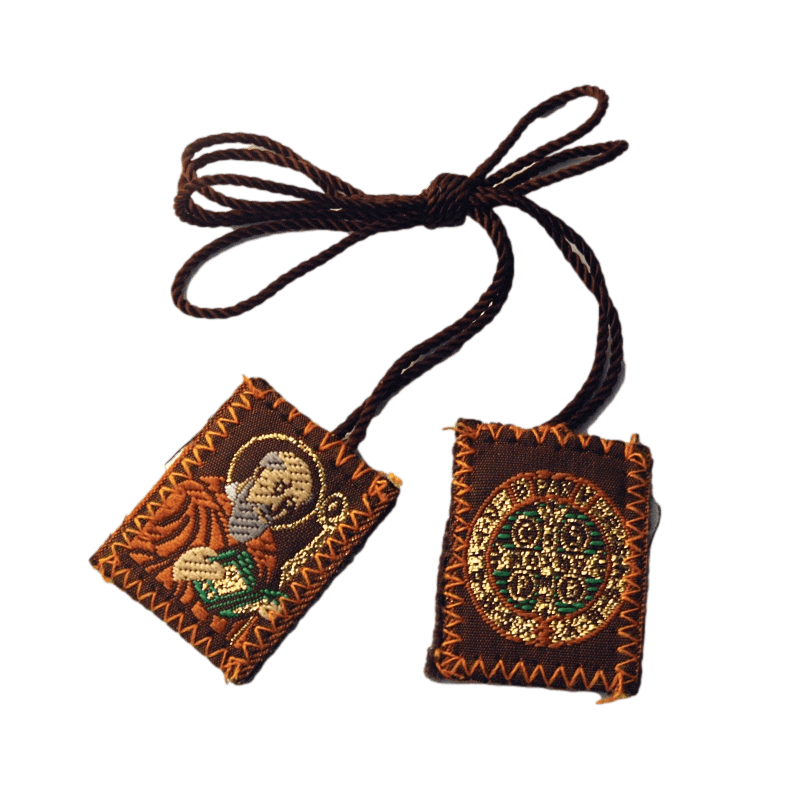 Scapular Saint Benedict & Medal Two Badges Brown Wool Backing Cord 1.5 x 1 5/8 Inches - Ysleta Mission Gift Shop- VOTED El Paso's Best Gift Shop
