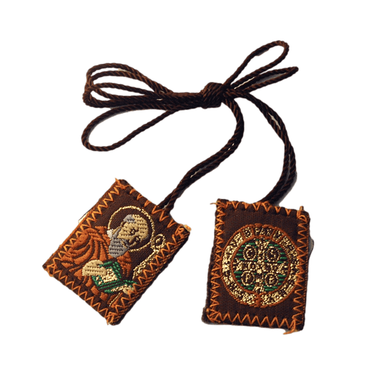 Scapular Saint Benedict & l Two Badges Brown Wool Backing Cord