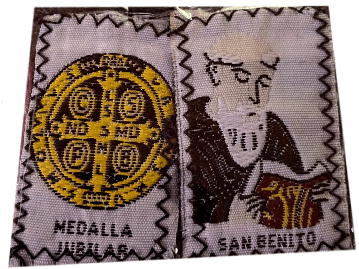 Scapular San Benito & Medalla Jubilar Black Wool Backing Black Cord 1 x 1.25 Inches - Ysleta Mission Gift Shop- VOTED El Paso's Best Gift Shop