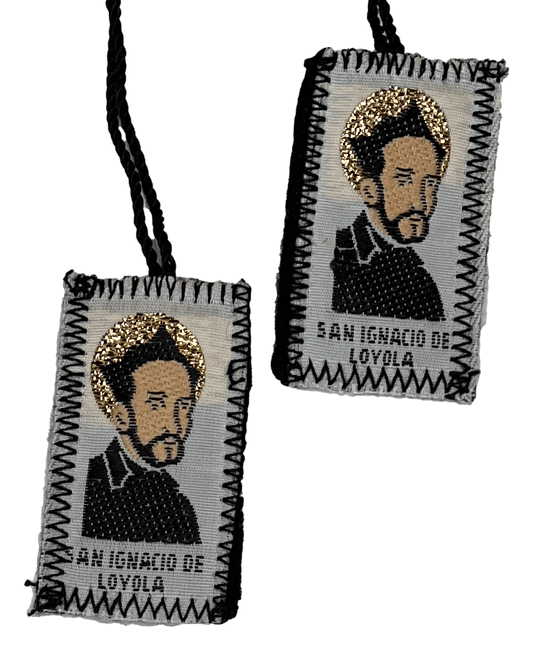 Scapular San Ignacio De Loyola White Cotton Black Wool Backing Cord 1 x 1.25 Inches - Ysleta Mission Gift Shop- VOTED El Paso's Best Gift Shop