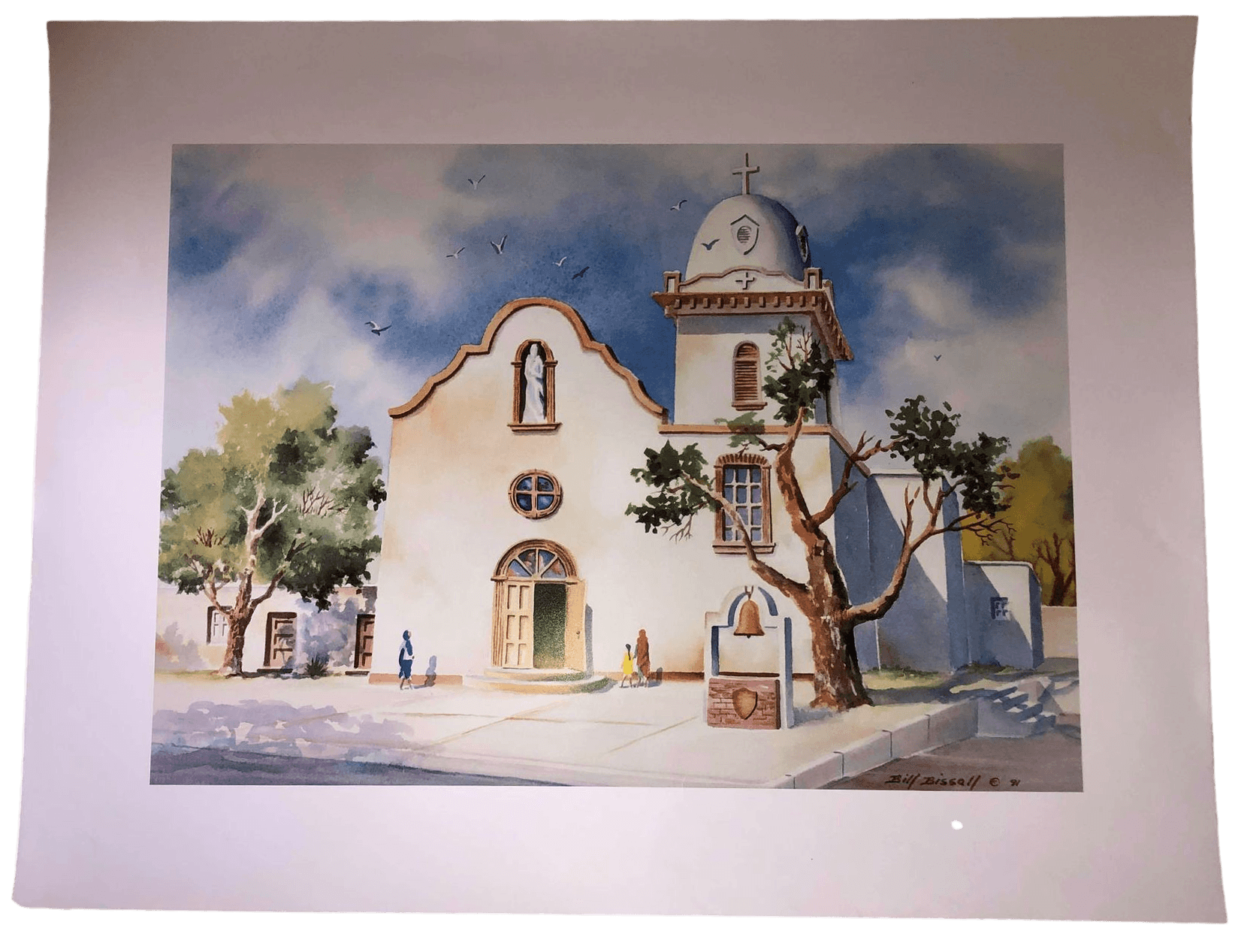 Souvenir Artist Print 1st Run Ysleta Mission in Watercolor El Paso Hall of Fame Artist Bill Bissal 1991 21"L X 27.5" W - Ysleta Mission Gift Shop- VOTED El Paso's Best Gift Shop