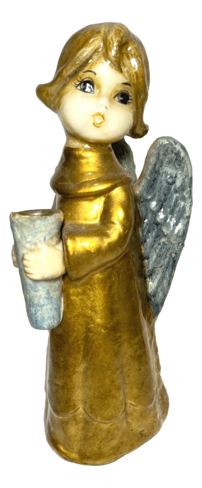 Statue 1960s Candleholder Angel Figurine Paper Mache Wax Handcrafted By Mexican Artisan Matamoros Tamaulipas 3 1/4 L x 5 W x 11 H Inches - Ysleta Mission Gift Shop- VOTED El Paso's Best Gift Shop