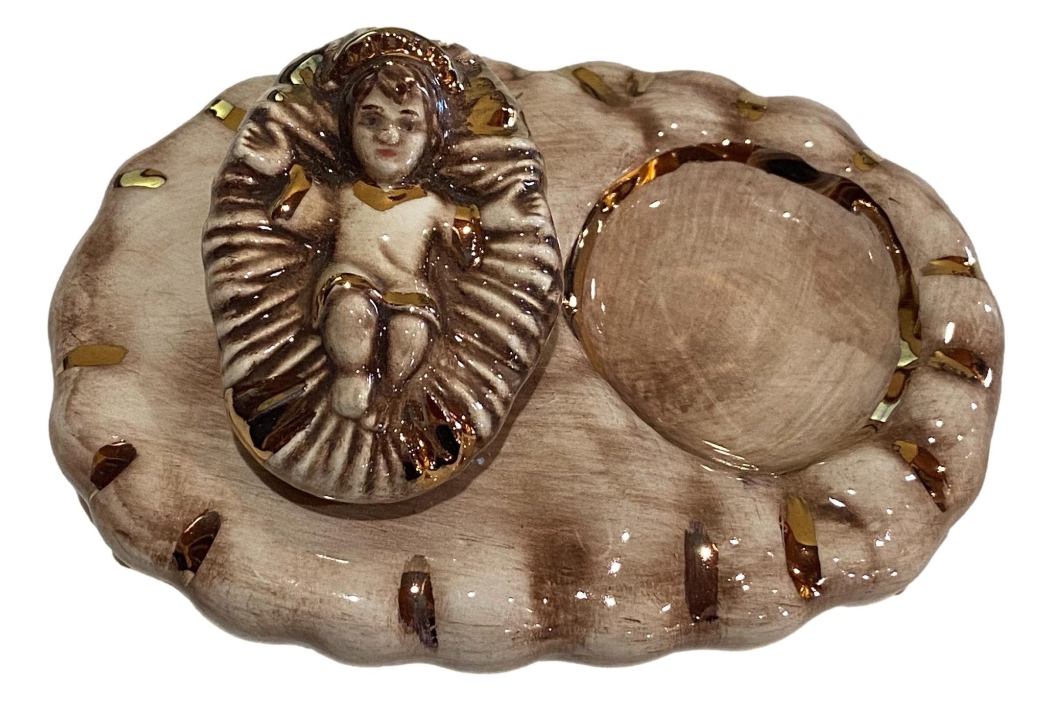 Statue Baby Jesus Candle Holder Glazed Ceramic With Gold Detailing 5.5"L X 3.5"W X 2" H Handcrafted By Local El Paso Artist - Ysleta Mission Gift Shop- VOTED 2022 El Paso's Best Gift Shop