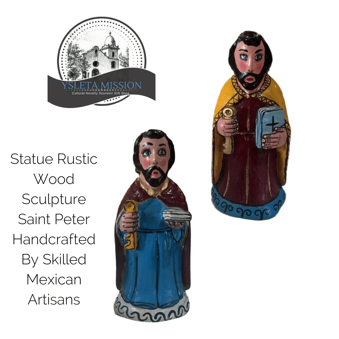 Statue Rustic Wood Sculpture Saint Peter Handcrafted By Skilled Mexican Artisans - Ysleta Mission Gift Shop- VOTED El Paso's Best Gift Shop