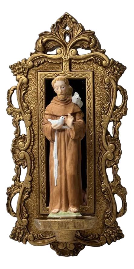 Statue Saint Francis Ceramic On Altar Base Restored H: 14 inches X W: 6.5 inches - Ysleta Mission Gift Shop- VOTED 2022 El Paso's Best Gift Shop