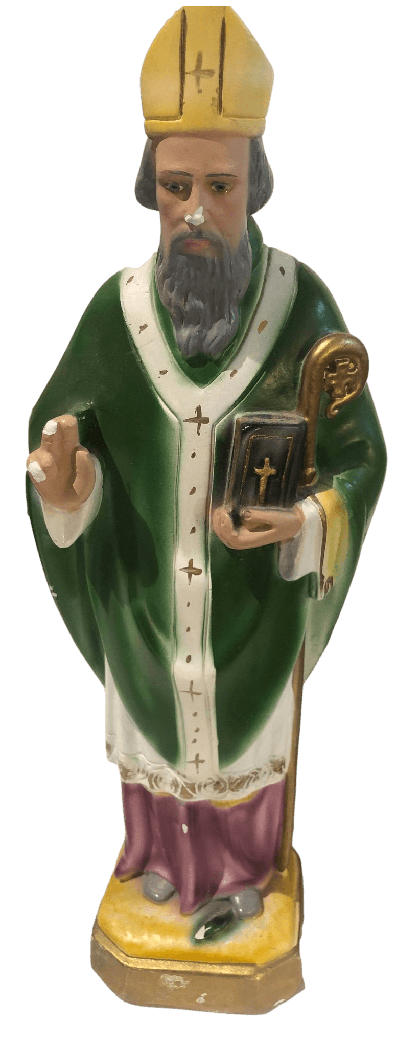Statue Saint Patrick Chalkware Hand-Painted. 12” tall - Ysleta Mission Gift Shop- VOTED El Paso's Best Gift Shop