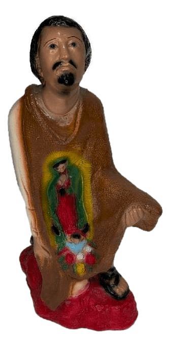 Statue San Juan Diego Kneeling on Red Stone Image of Our Lady of Guadalupe on Clothing Made of Ceramic H:15 inches W:11 inches - Ysleta Mission Gift Shop- VOTED El Paso's Best Gift Shop