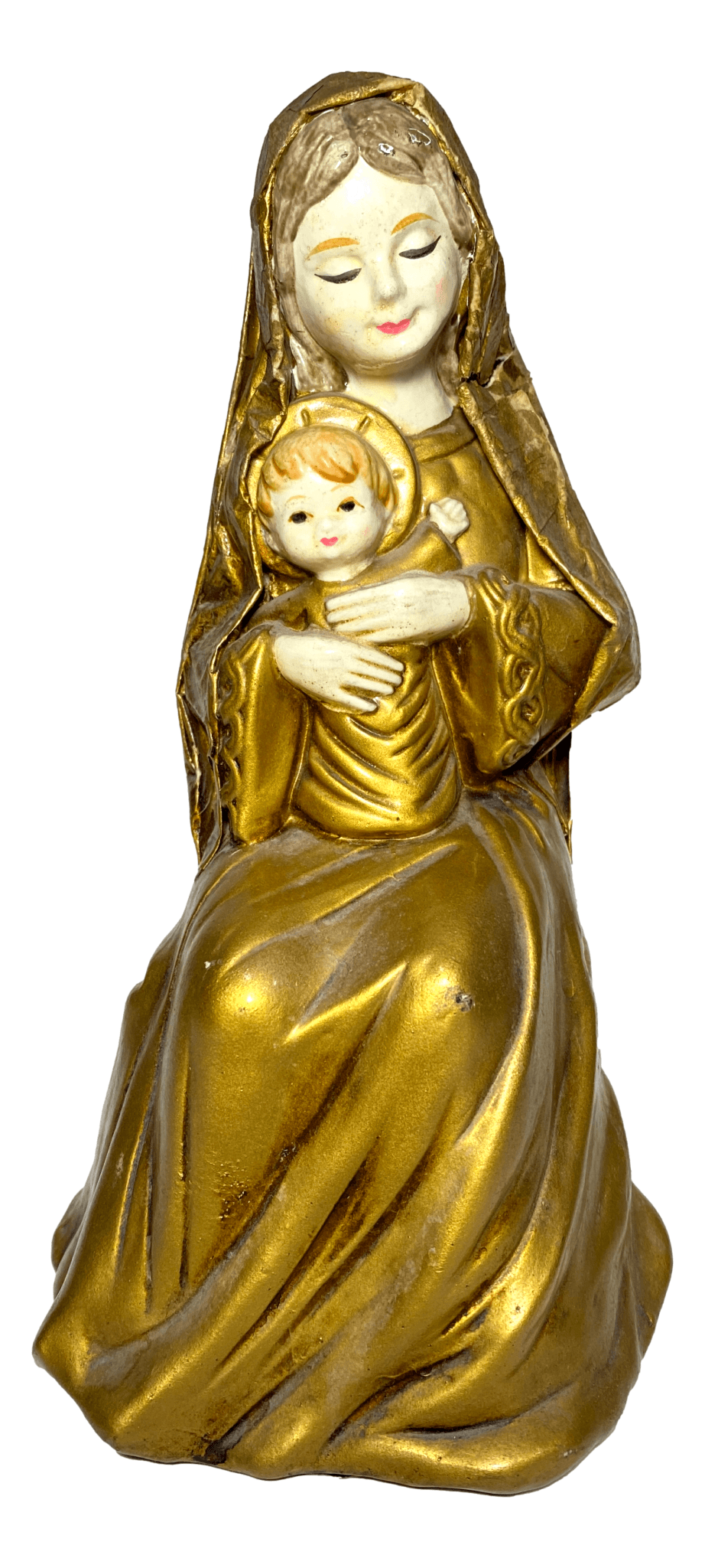 Statue Sitting Madonna Child Clay Body Paper Mache Shawl Gold Tone Handpainted 4 3/4 L x 4 W x 8 1/2 H Inches - Ysleta Mission Gift Shop- VOTED El Paso's Best Gift Shop