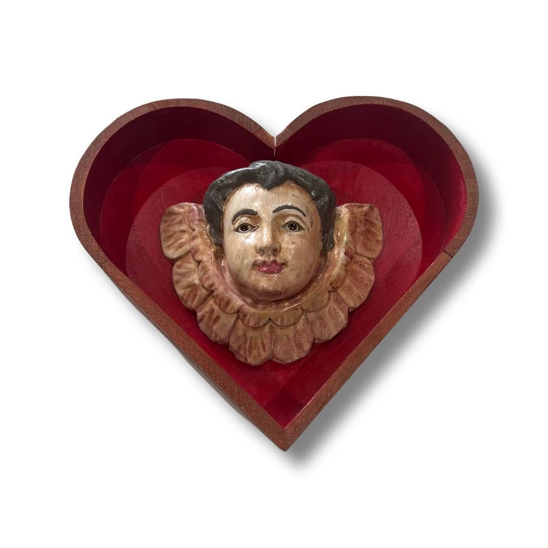 Statue Wood Carved Angel Head Glass Eyes In Wood Heart Handcrafted By Local Artist Norma Width 5.5in. Height 5in. - Ysleta Mission Gift Shop- VOTED 2022 El Paso's Best Gift Shop