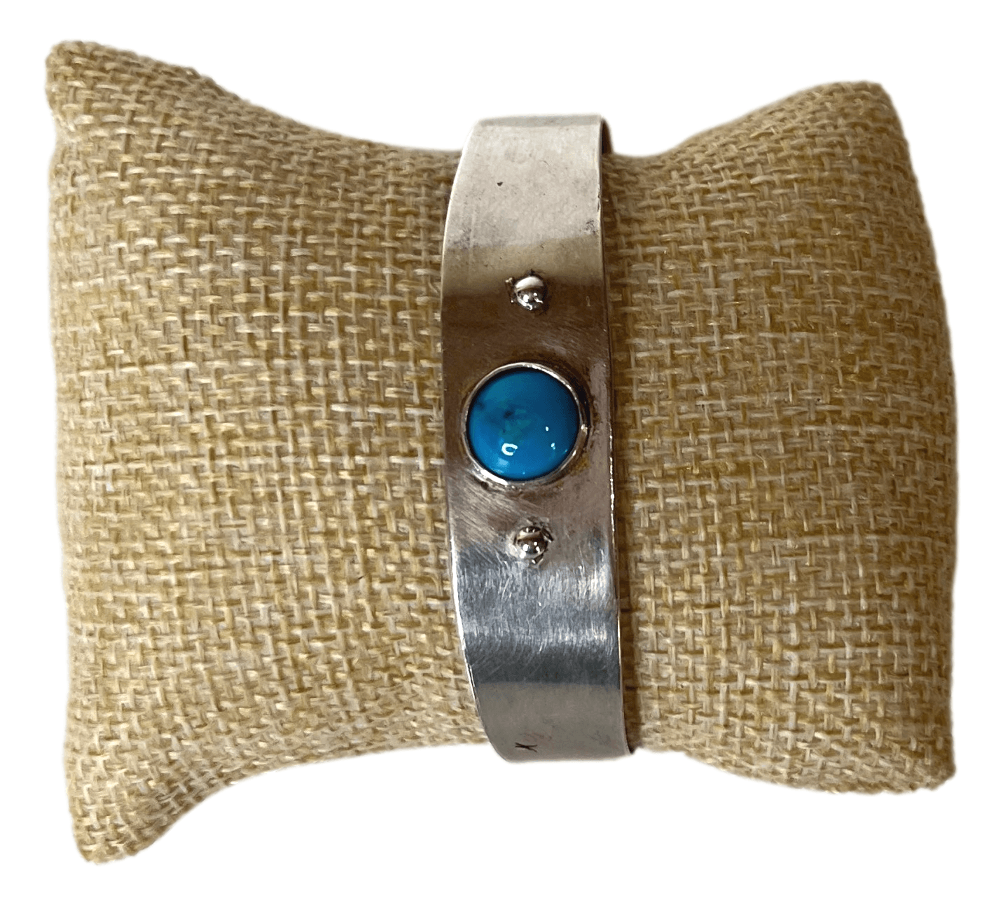 Sterling Silver Bracelet Cuff Round Shape Cut Turquoise Stone in Center Handcrafted By Native American Artist in New Mexico Makers Mark Stamped GJ - Ysleta Mission Gift Shop- VOTED El Paso's Best Gift Shop