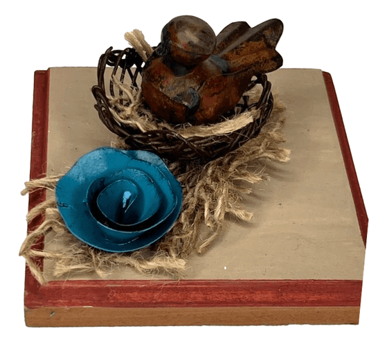 Figurine Bird With Blue Flower On Wood Base Handcrafted