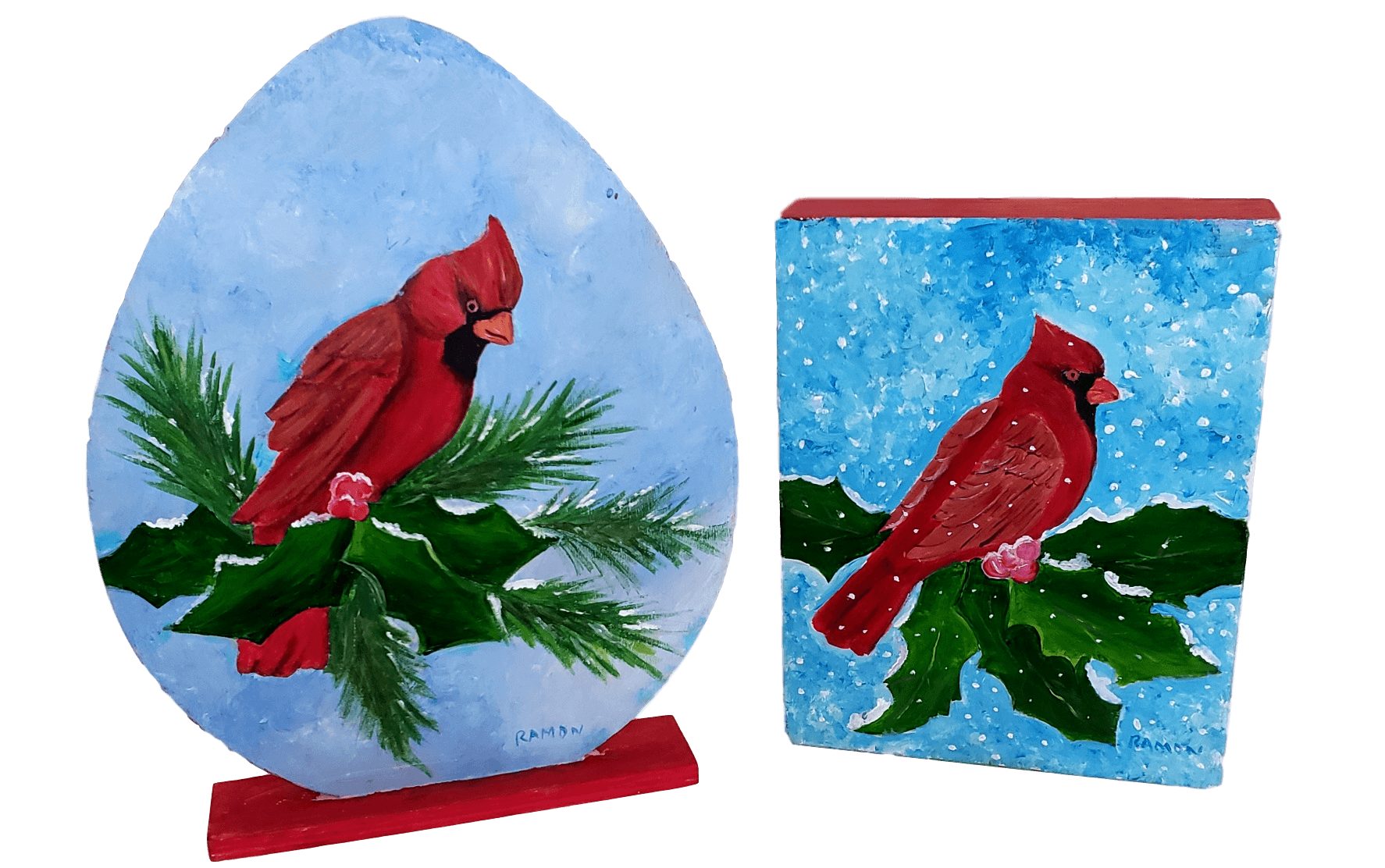 Tabletop Art Wood Holiday Cardinal Images Handpainted By Local Artist Ramon - Ysleta Mission Gift Shop- VOTED 2022 El Paso's Best Gift Shop