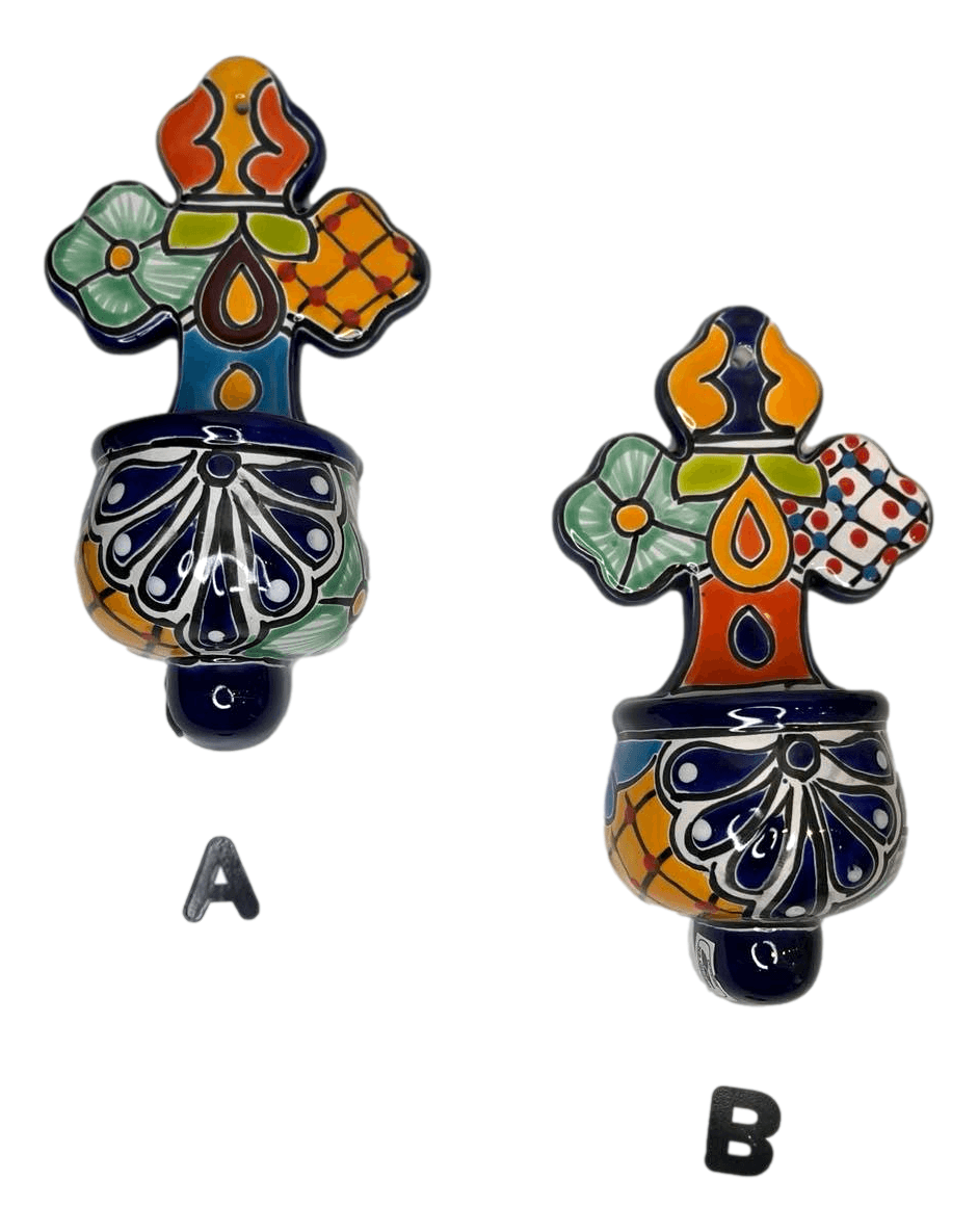 Talavera Cross Holy Water Font Medium Handcrafted By Skilled Mexican Artisans L: 8.5 inches X W: 4.5 inches - Ysleta Mission Gift Shop- VOTED 2022 El Paso's Best Gift Shop